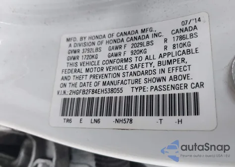 2014 Honda Civic Ex z USA, uszkodzony, nr VIN 2HGFB2F84EH538055